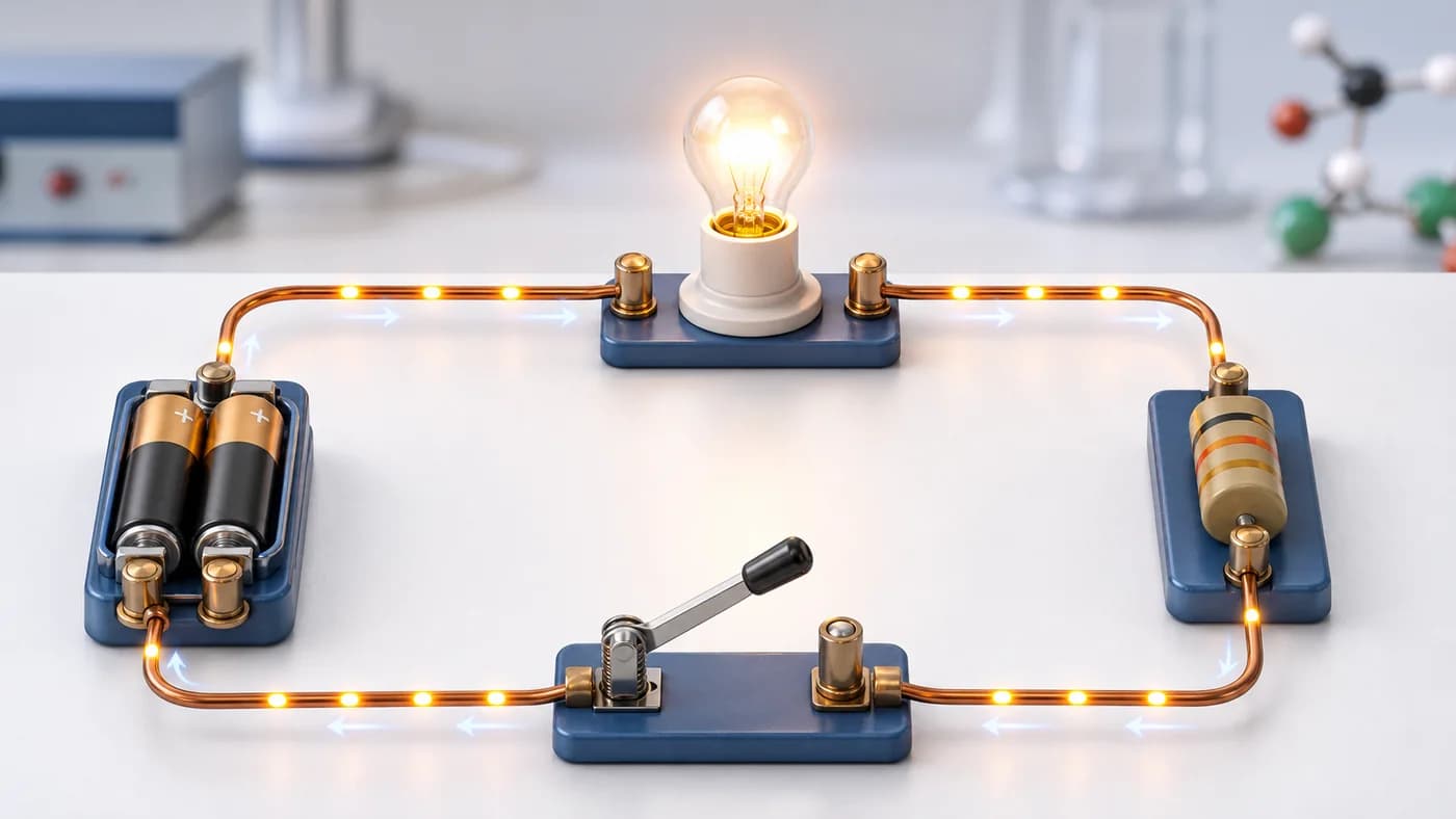 Battery, switch, glowing bulb, resistor, and wires forming a simple electric circuit.