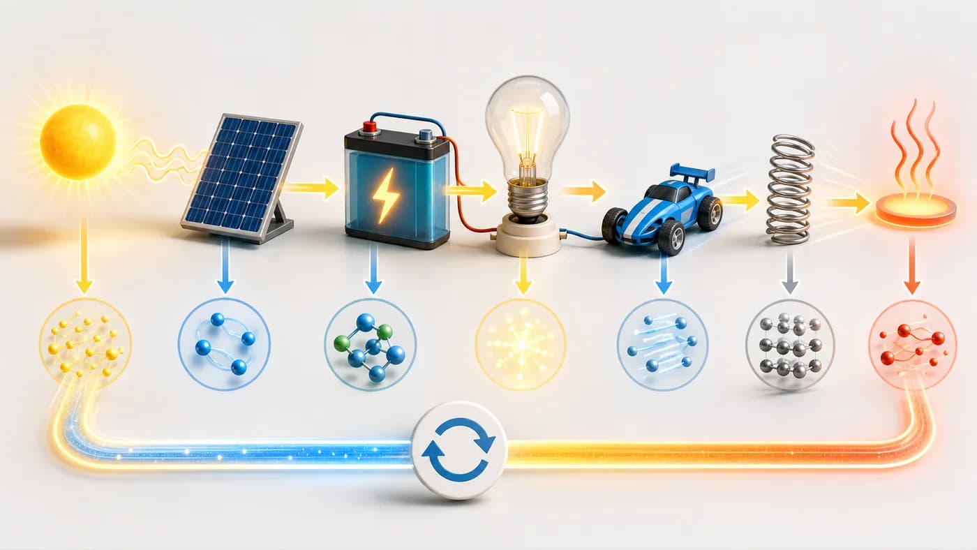 Sun, solar panel, battery, bulb, toy car, spring, and heat showing energy transfer and conservation.