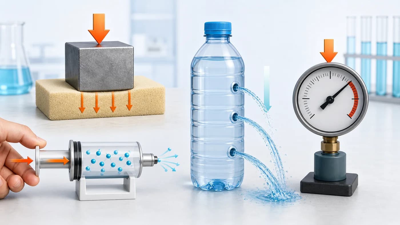 Block pressure, syringe compression, water jets at depth, and pressure gauge showing pressure in matter.