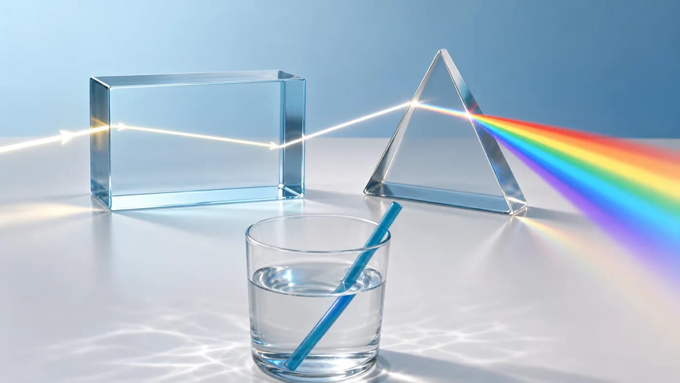 Glass block, prism, rainbow spectrum, and bent straw showing refraction and dispersion.