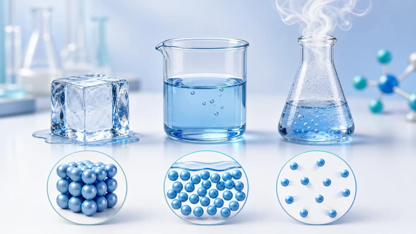 Ice, liquid water, steam, and particle models showing solids, liquids, and gases.