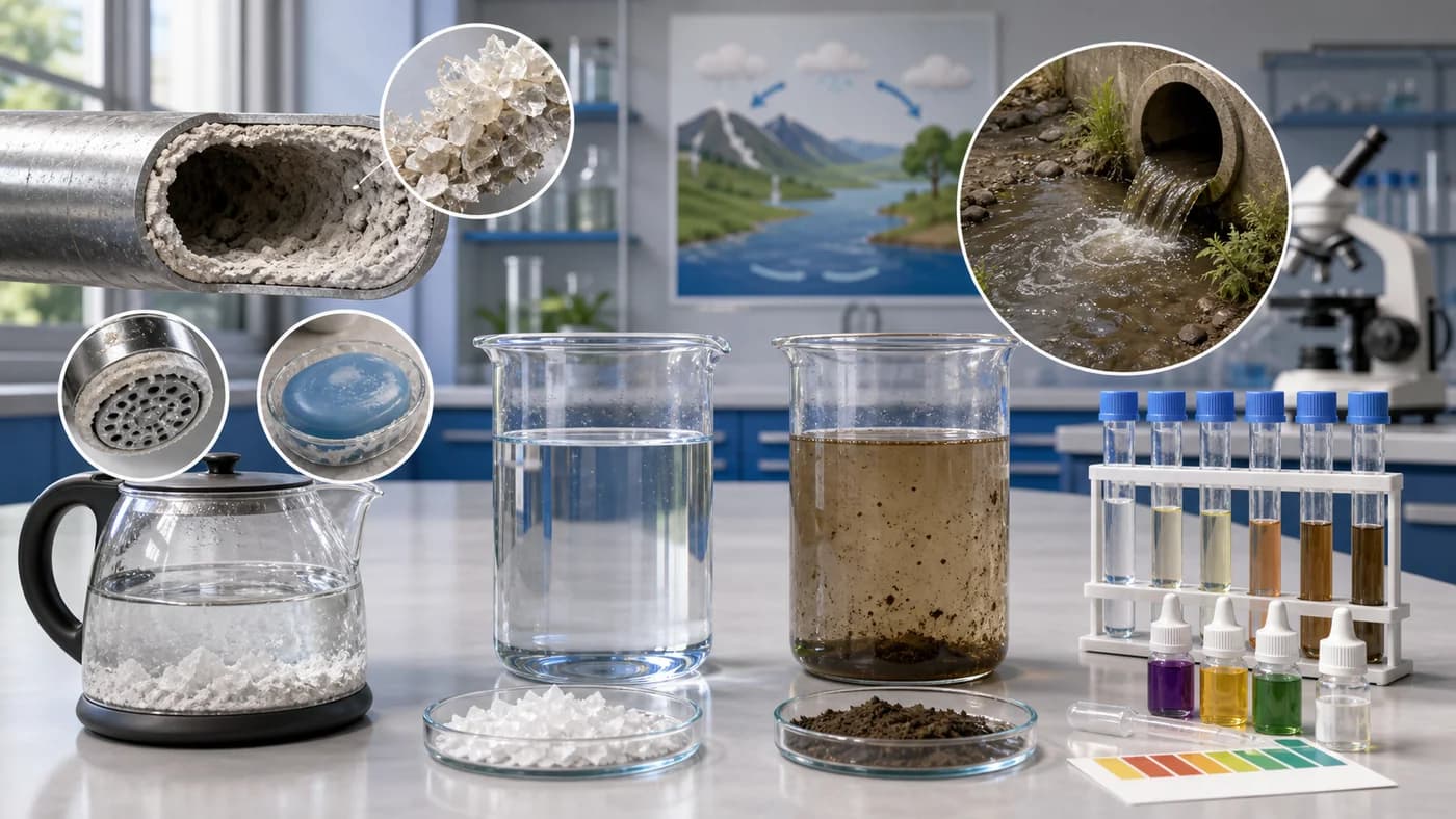 3D visual of hard water and water pollution testing