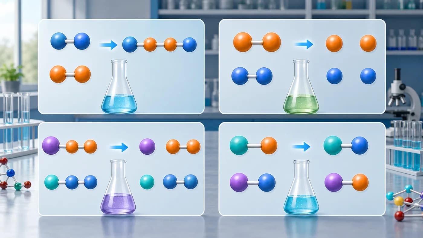 3D visual of different chemical reaction types