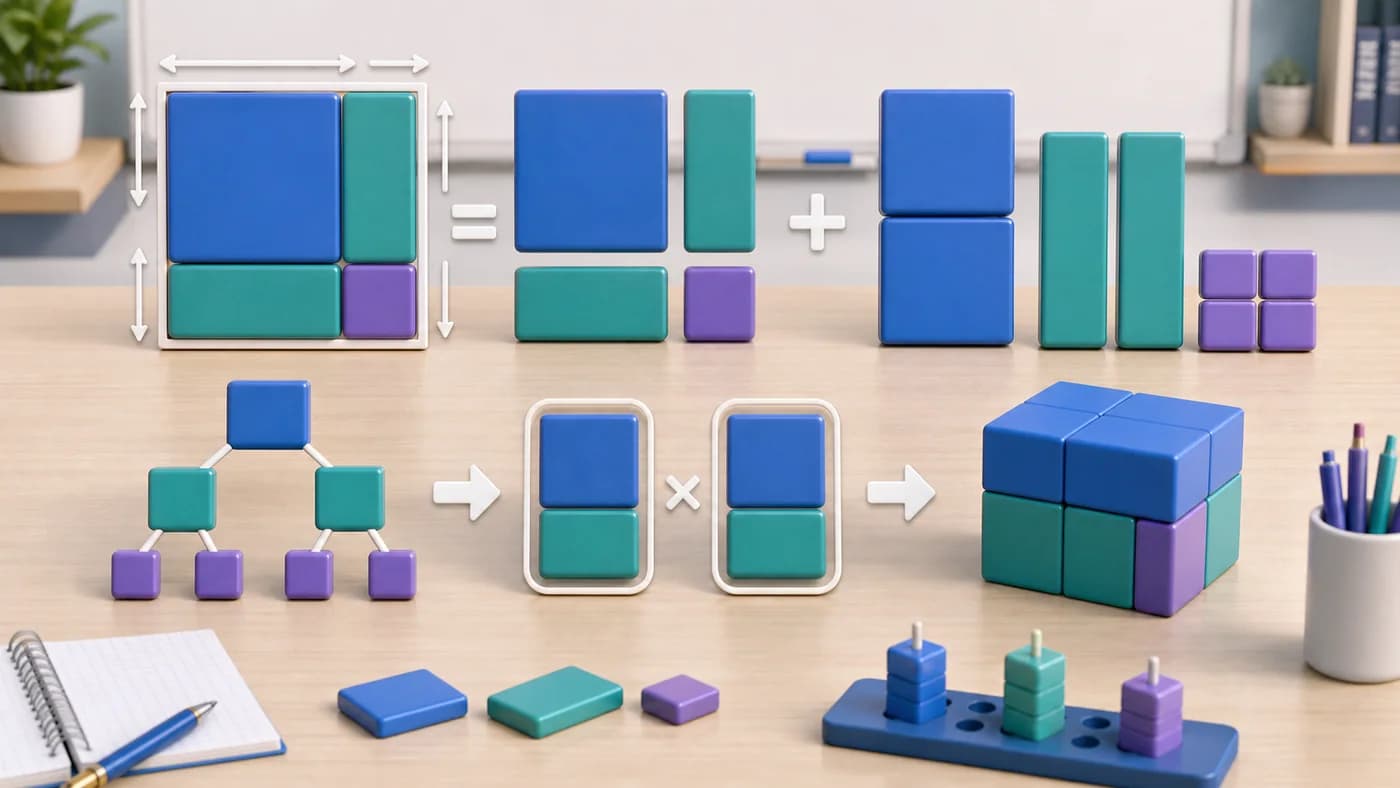 3D visual of algebra tiles for expansion and factorisation