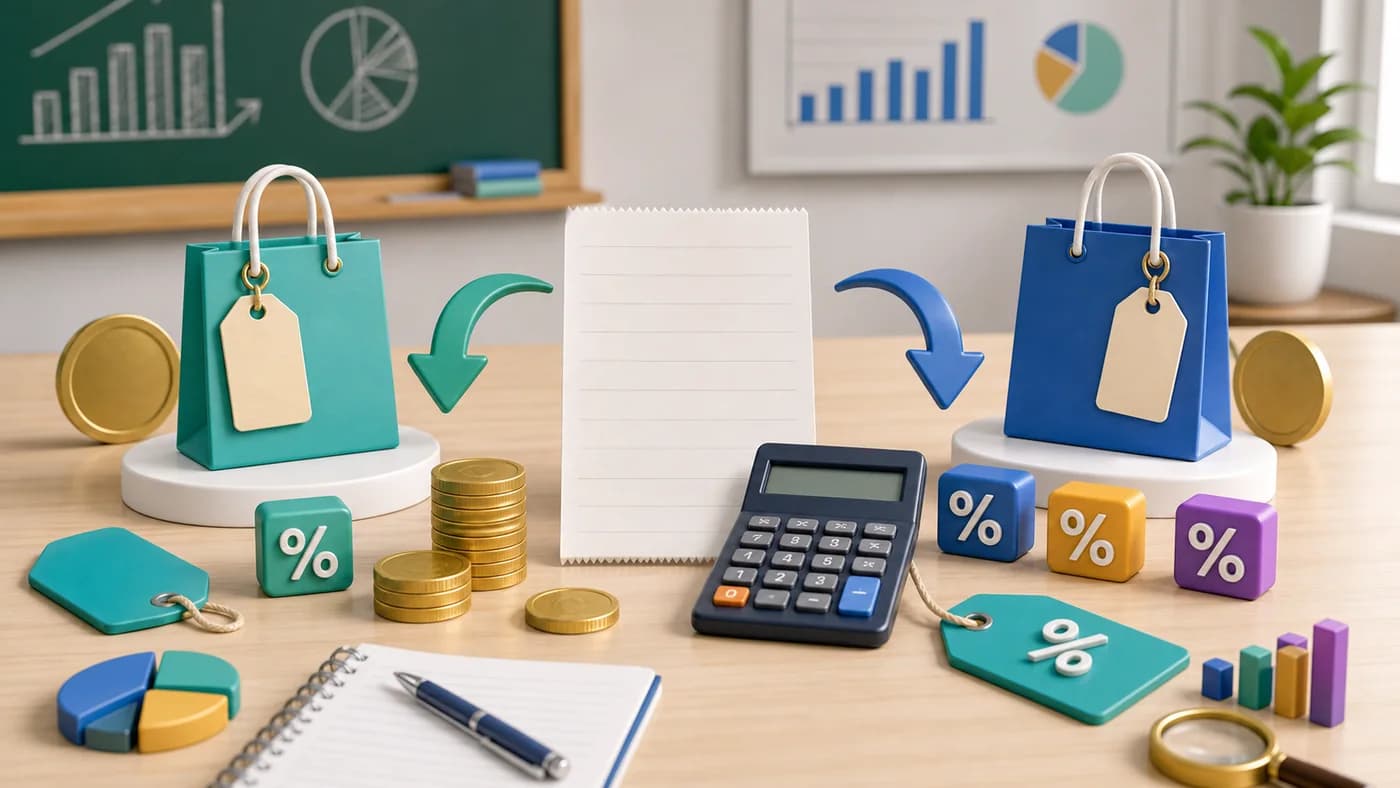 3D visual of commerce mathematics with discount and tax objects