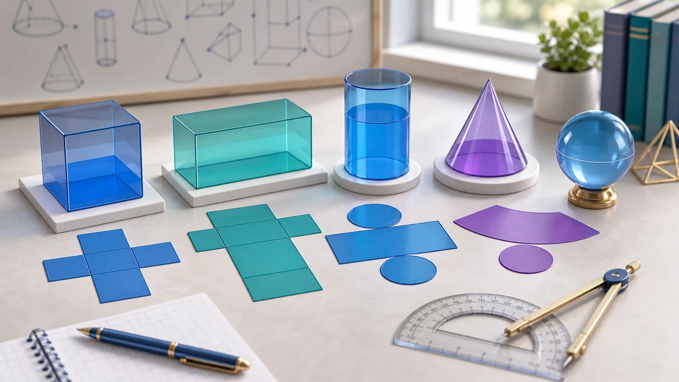 3D visual of solids, nets, surface area, and volume