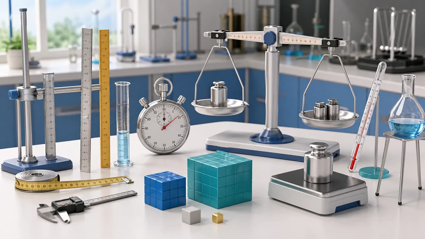 3D visual of physics measurement quantities and instruments