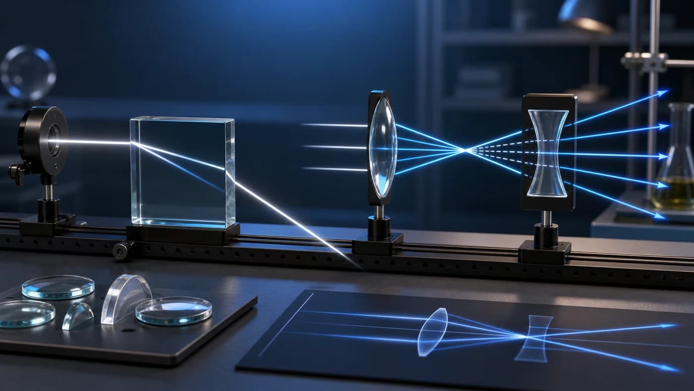 3D visual of refraction through glass and lenses